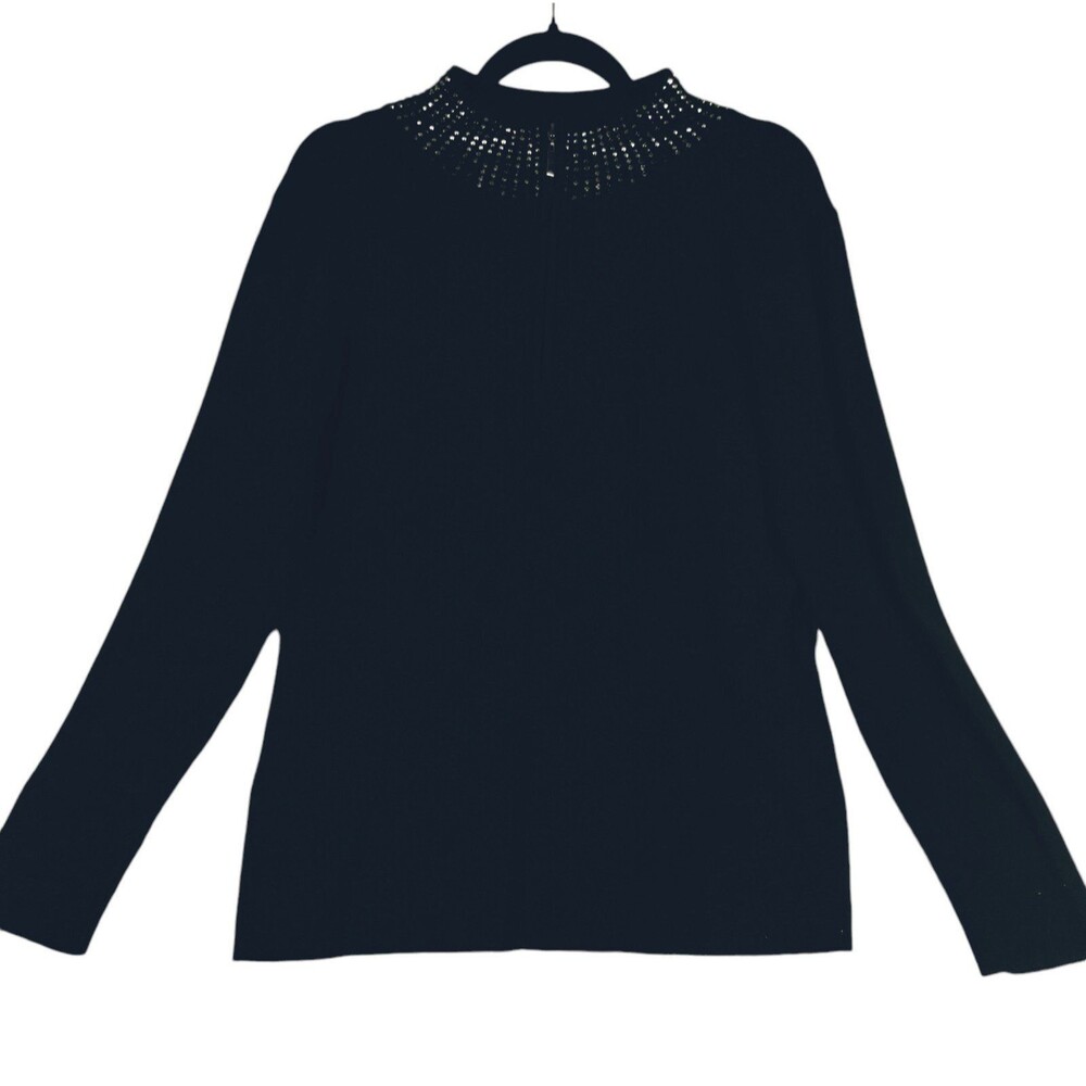 Black Knit Sweater Woman's L Long Sleeve Mock Zip Turtleneck Black Ckassic Minim